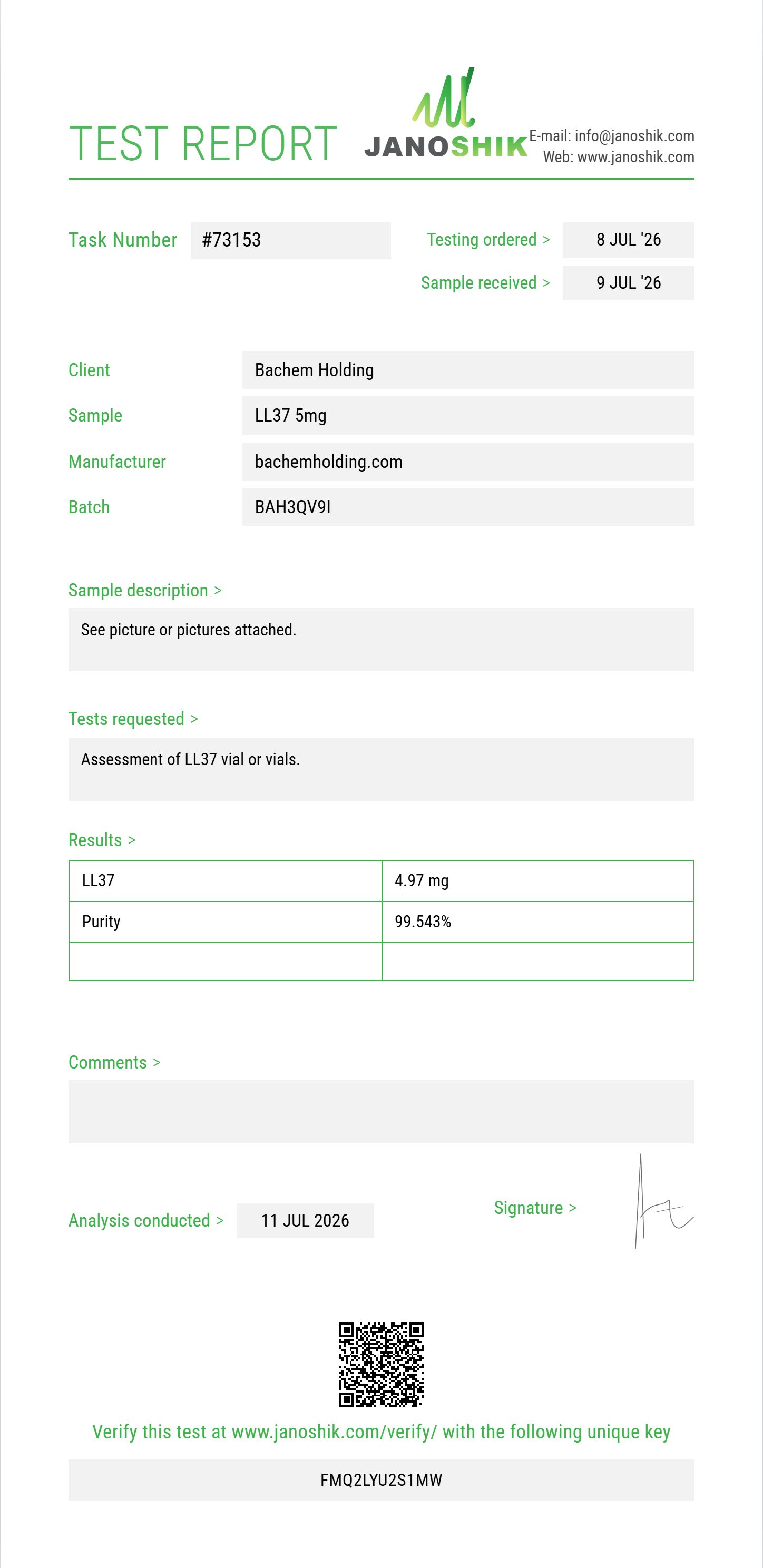 LL37 Purity (HPLC) report by Janoshik Analytical