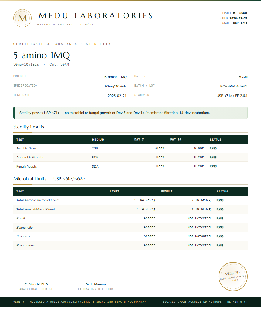 5-amino-1MQ Sterility report by Medutest